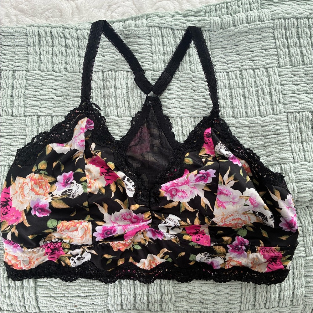 Torrid Black and Pink Floral Lace Bralette Size 2